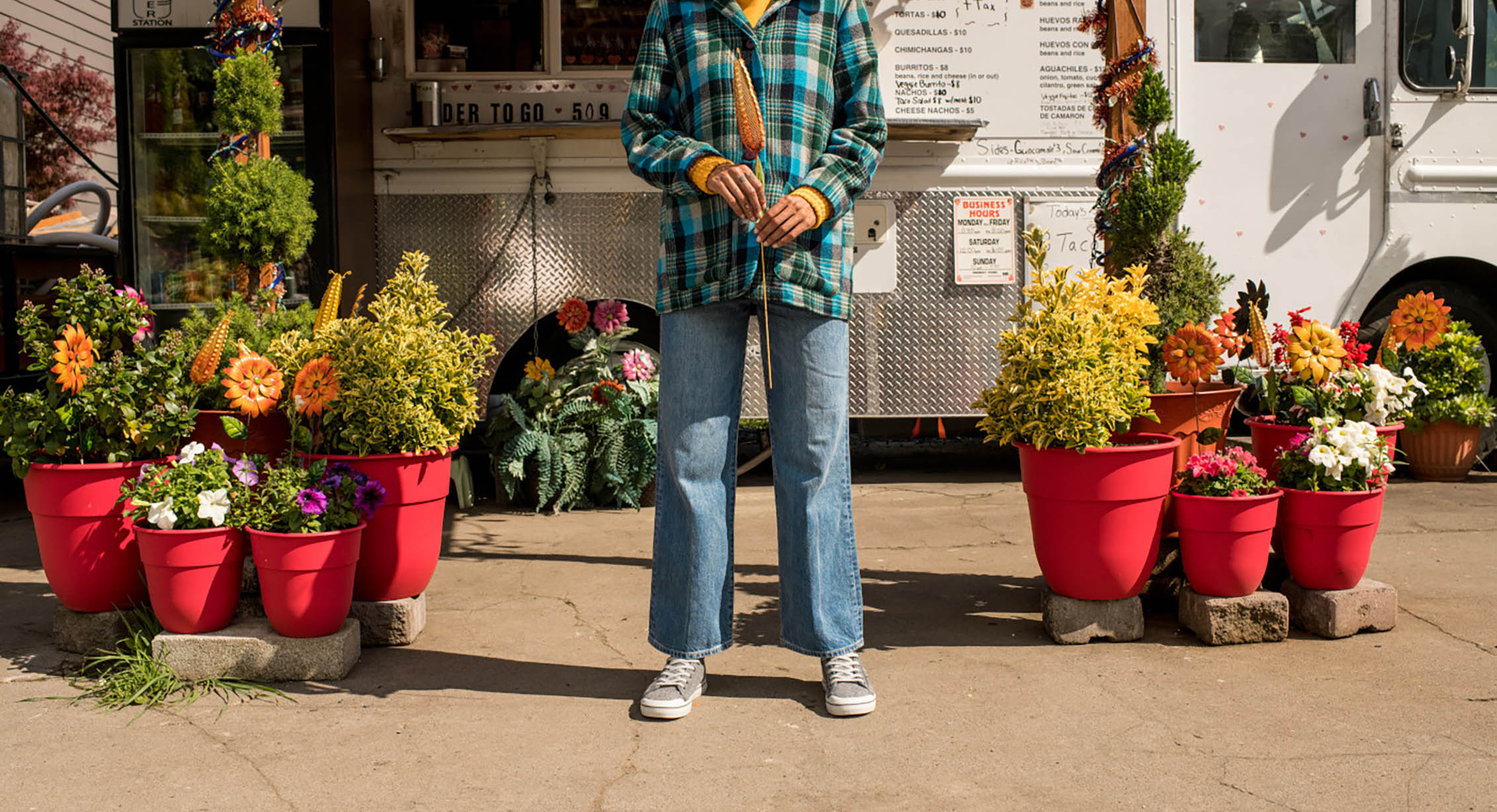 woman at garden shop in recycled wool KEEN shoes